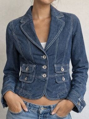 LOFT Denim Blazer Jacket Size 2 Pinstripe Fitted Jean Jacket Festival Y2K